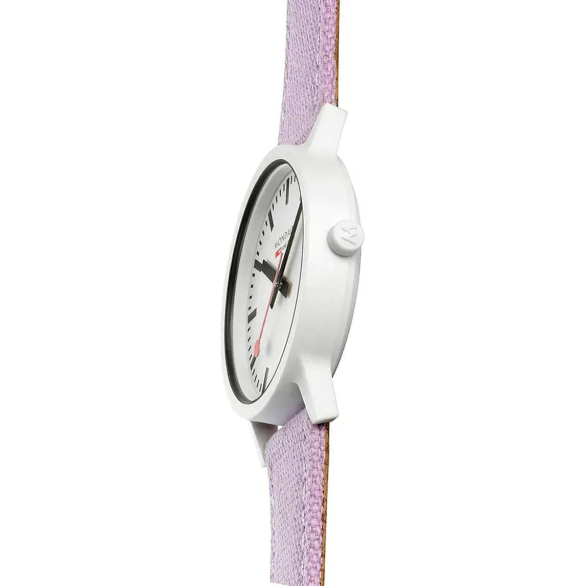 Men's quartz watch with white dial, white case, lilac textile strap
