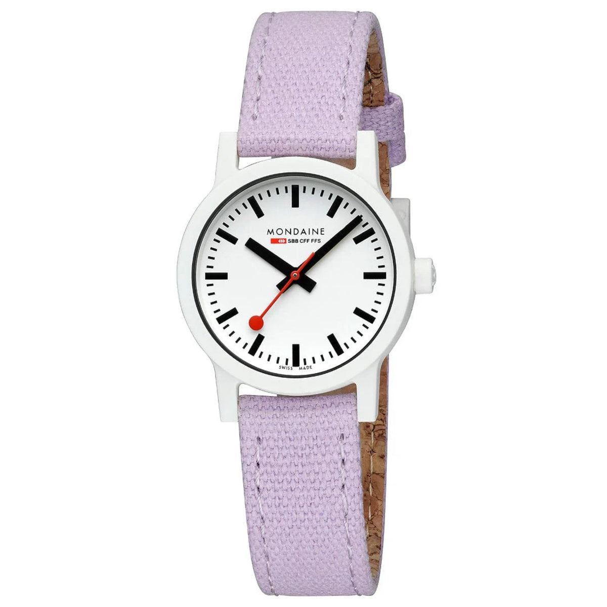 Women’s quartz watch with white dial, black markers, and lavender textile strap