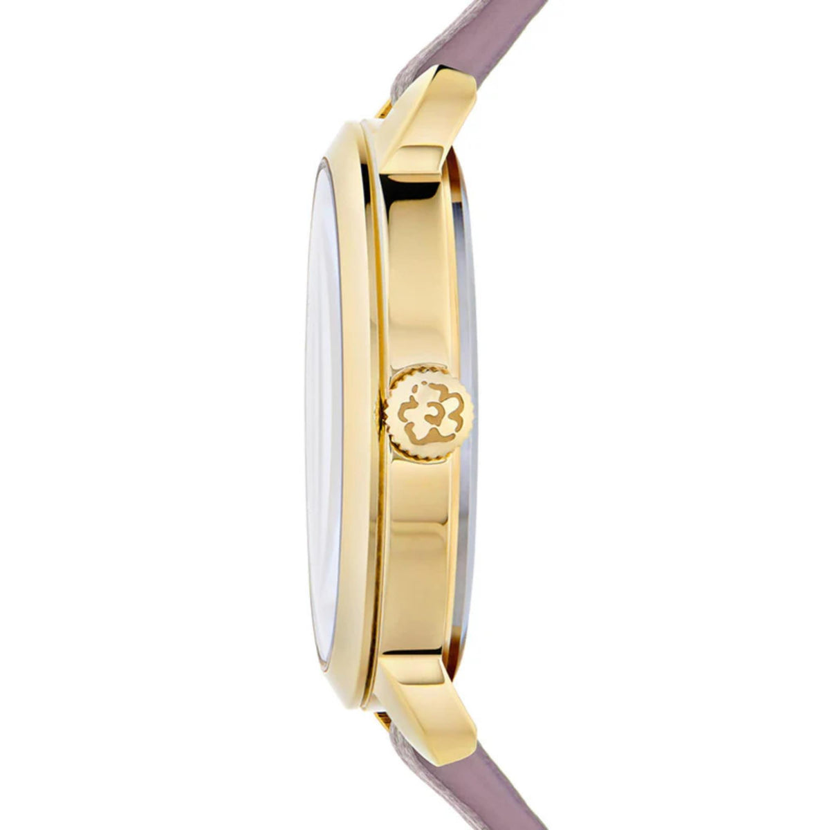 Women's quartz watch with purple dial, gold-tone case, purple leather strap