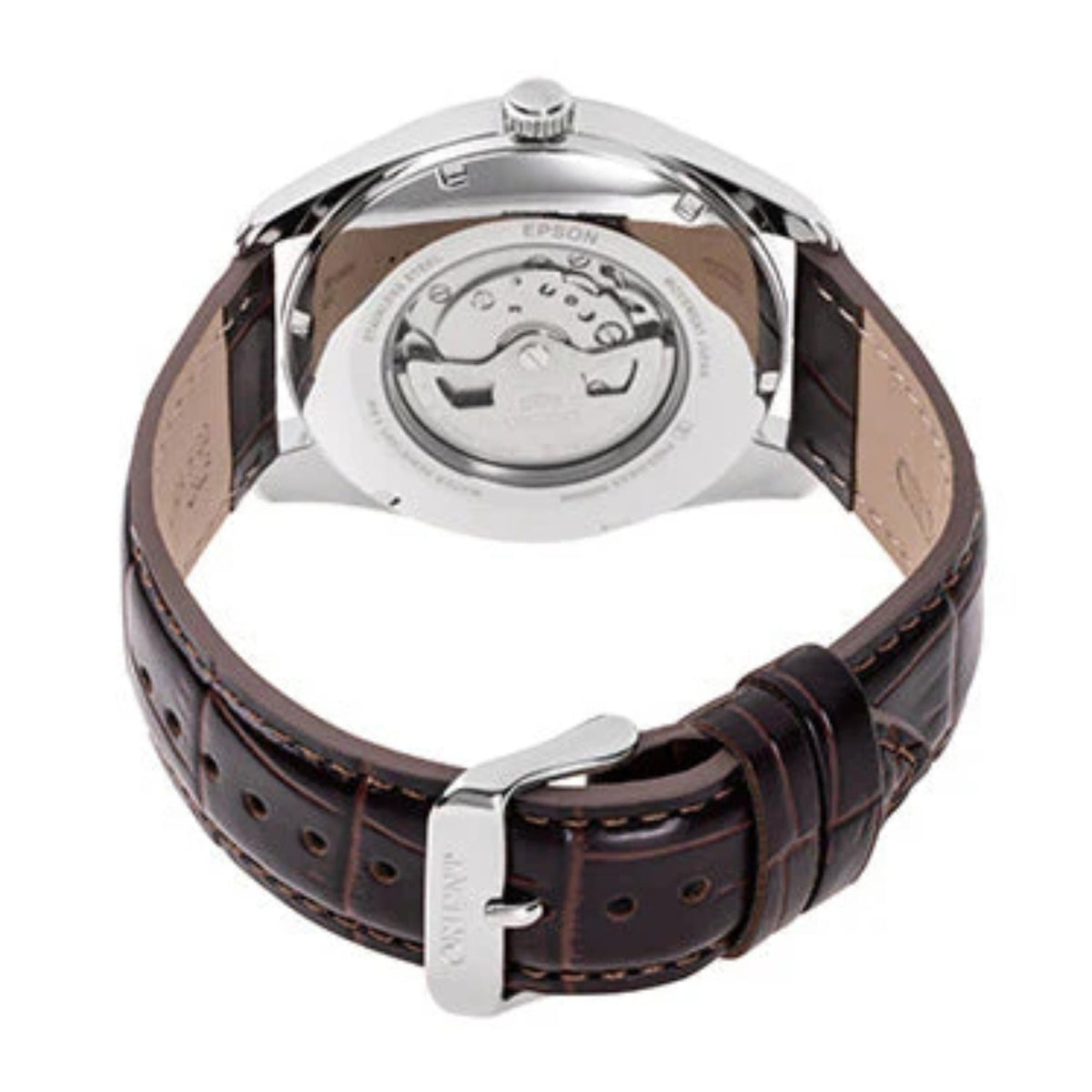 Exhibition case back and brown leather strap of the Orient Multi-Year Calendar RA-BA0005S30B