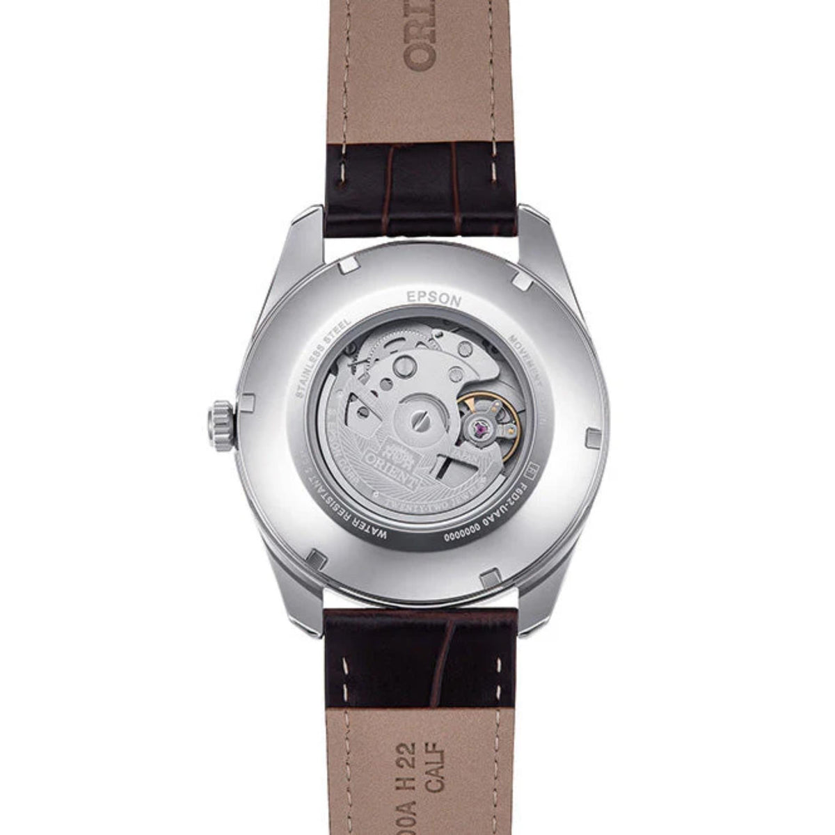 Rear view showcasing the transparent case back and automatic movement of the Orient Multi-Year Calendar RA-BA0005S30B