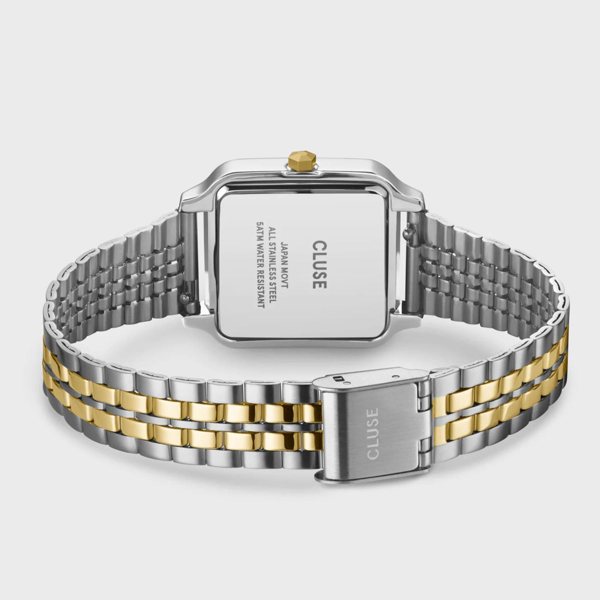 CLUSE watch with two-tone steel bracelet and gold-toned clasp, rectangular case