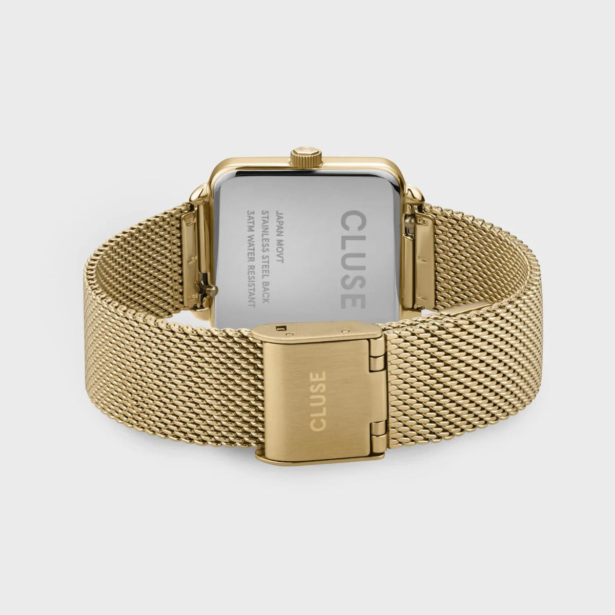 Women's square watch on gold-tone mesh bracelet with clasp and crown detail