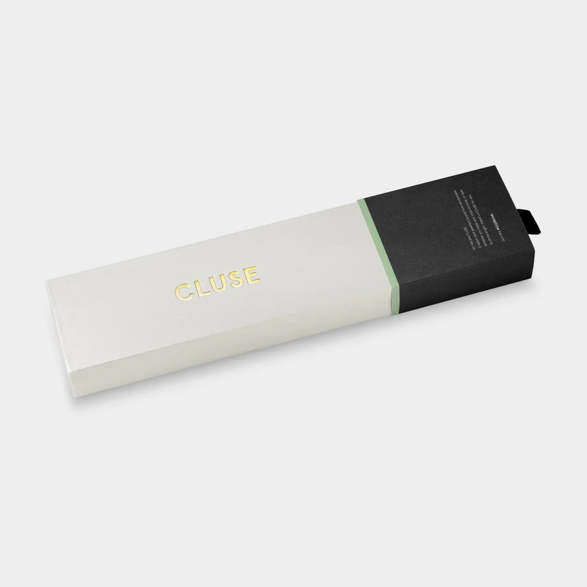 CLUSE watch box with gold logo on light sleeve and black end cap