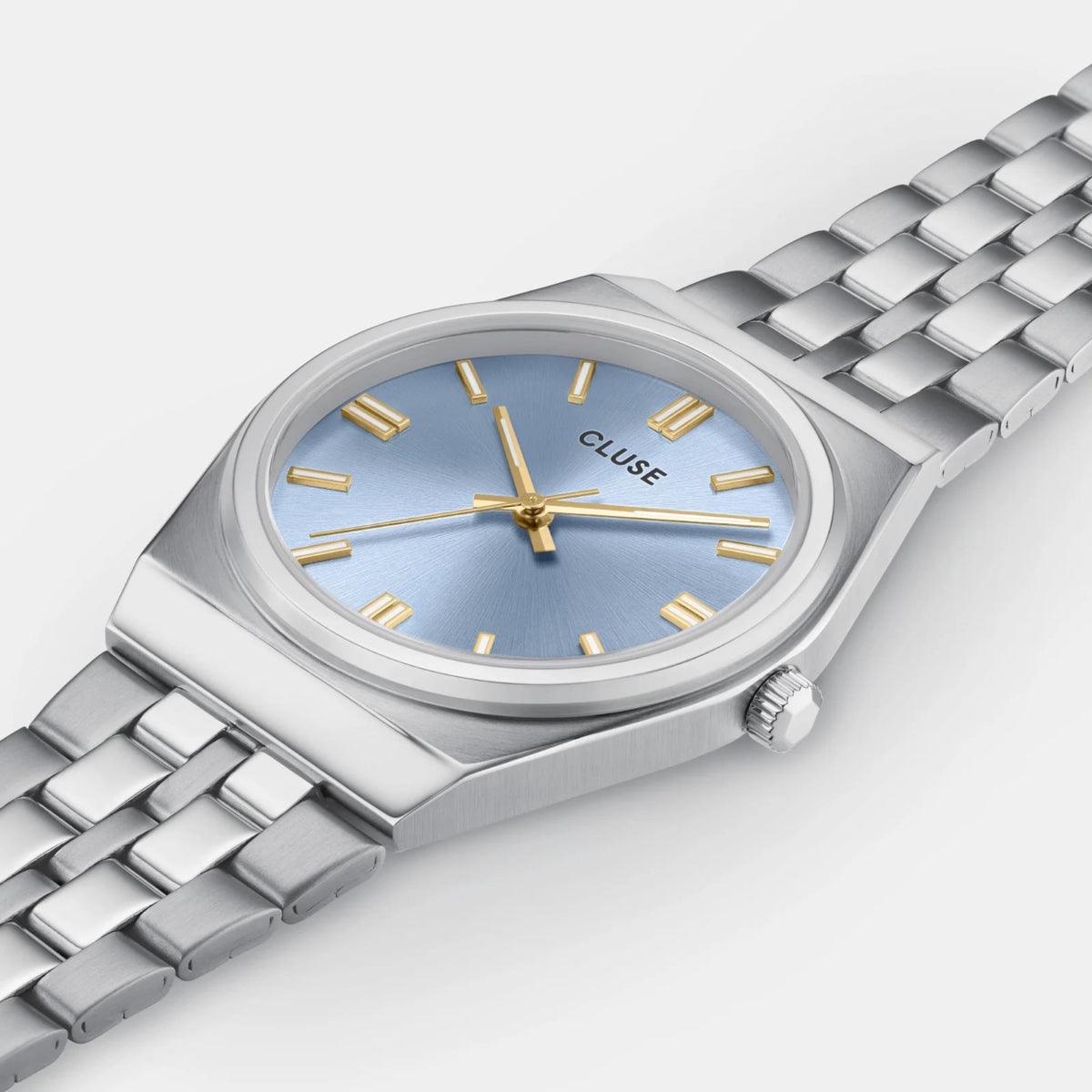 Women's steel bracelet watch with light blue dial, gold hour markers, and gold hands