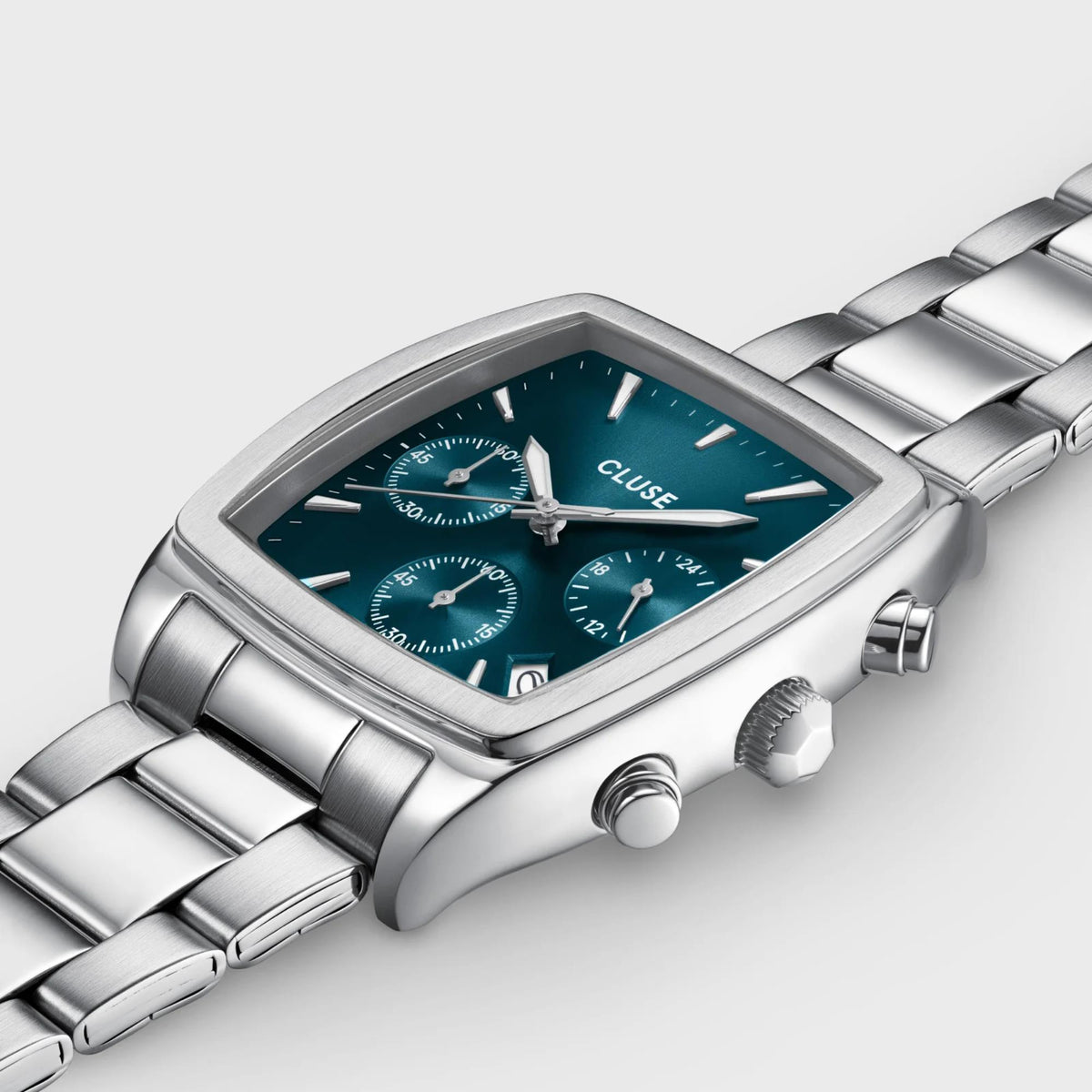 Men's steel chronograph watch with rectangular case, blue dial, linked metal bracelet