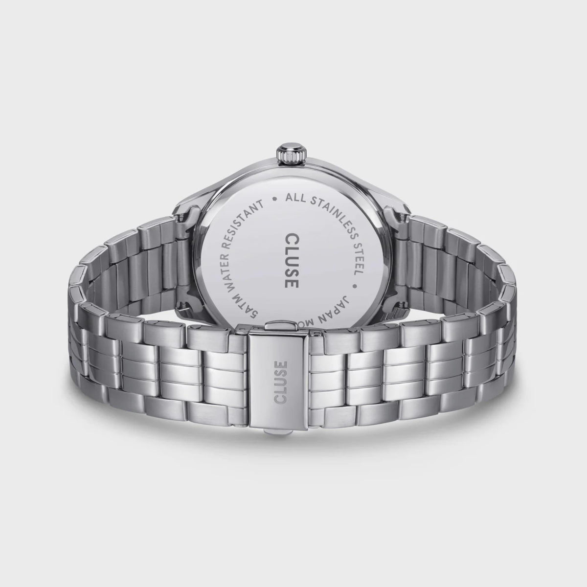 Stainless steel watch case back with silver link bracelet, crown at top.