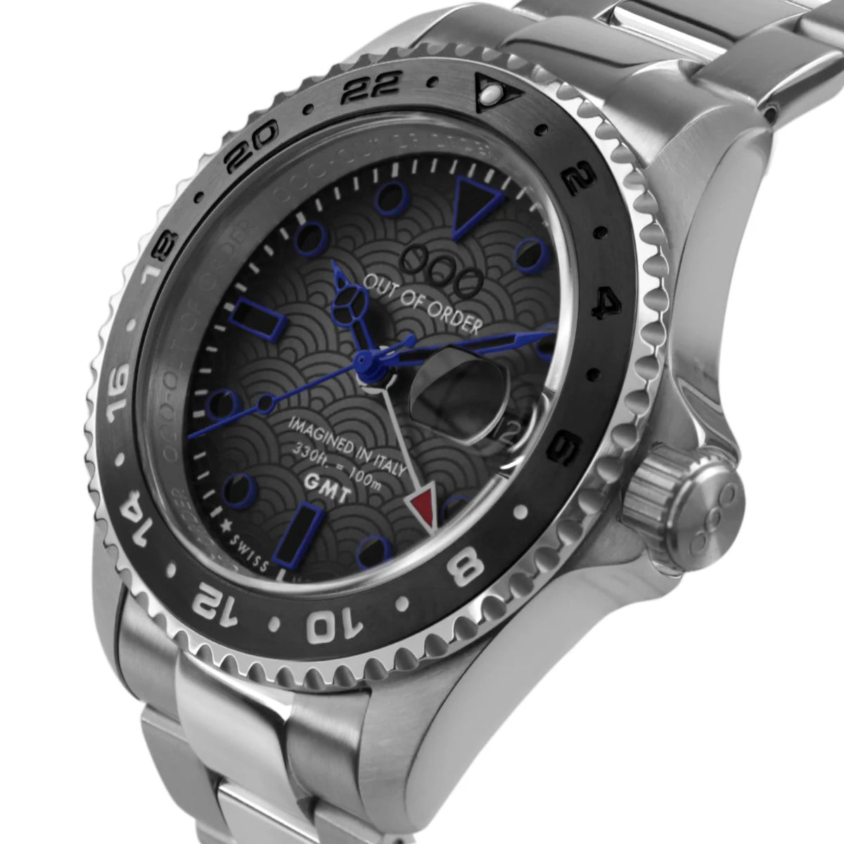Stainless steel GMT watch with black bezel and blue dial, angled front view