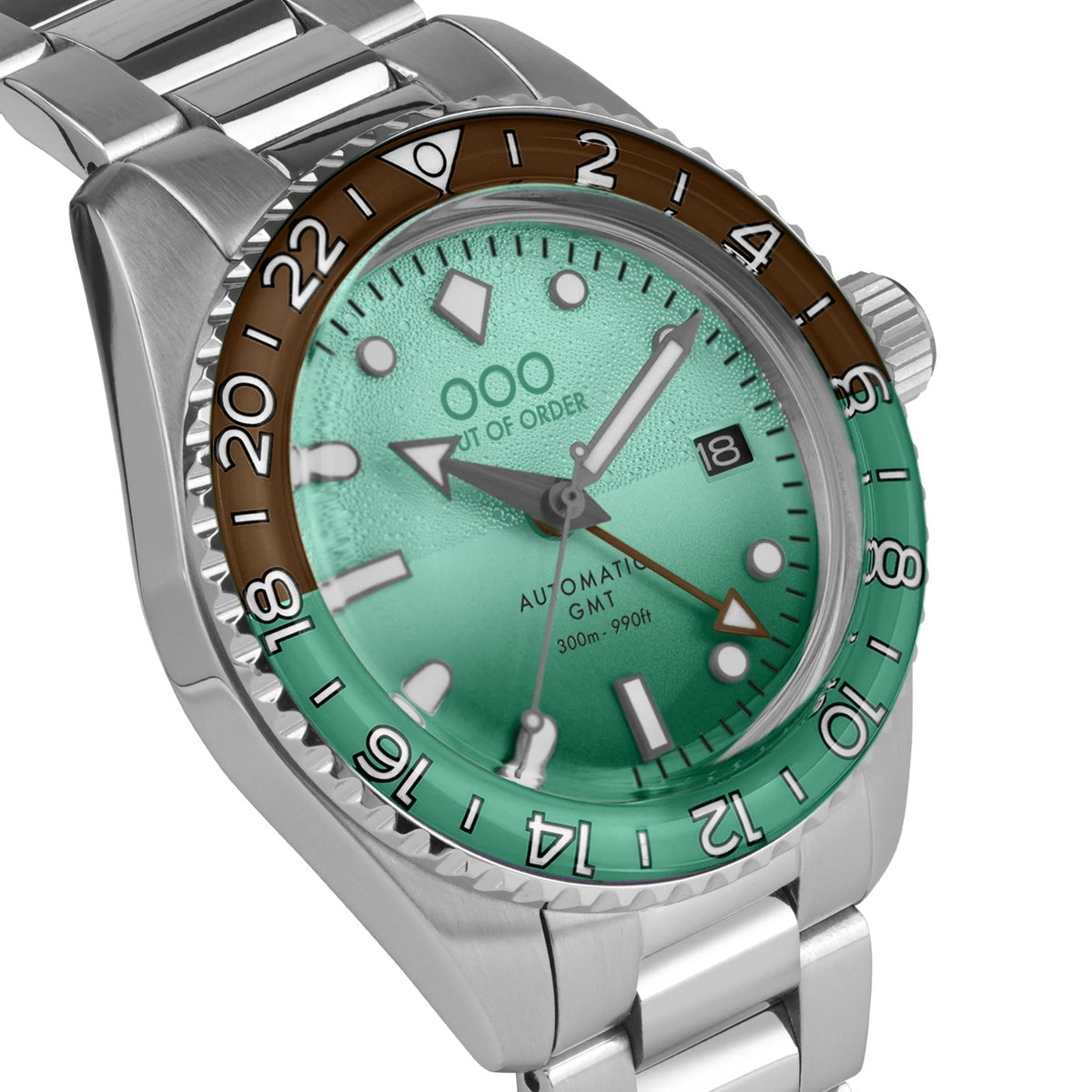 Men's automatic GMT watch with mint green dial, steel bracelet, and dark brown bezel
