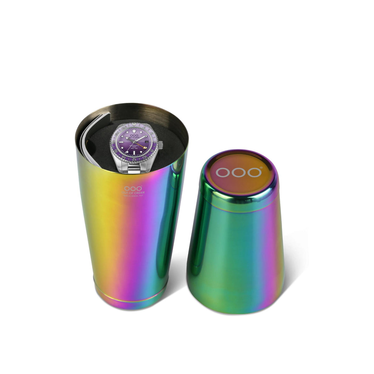 Automatic watch winder shaker, iridescent rainbow finish with purple dial watch