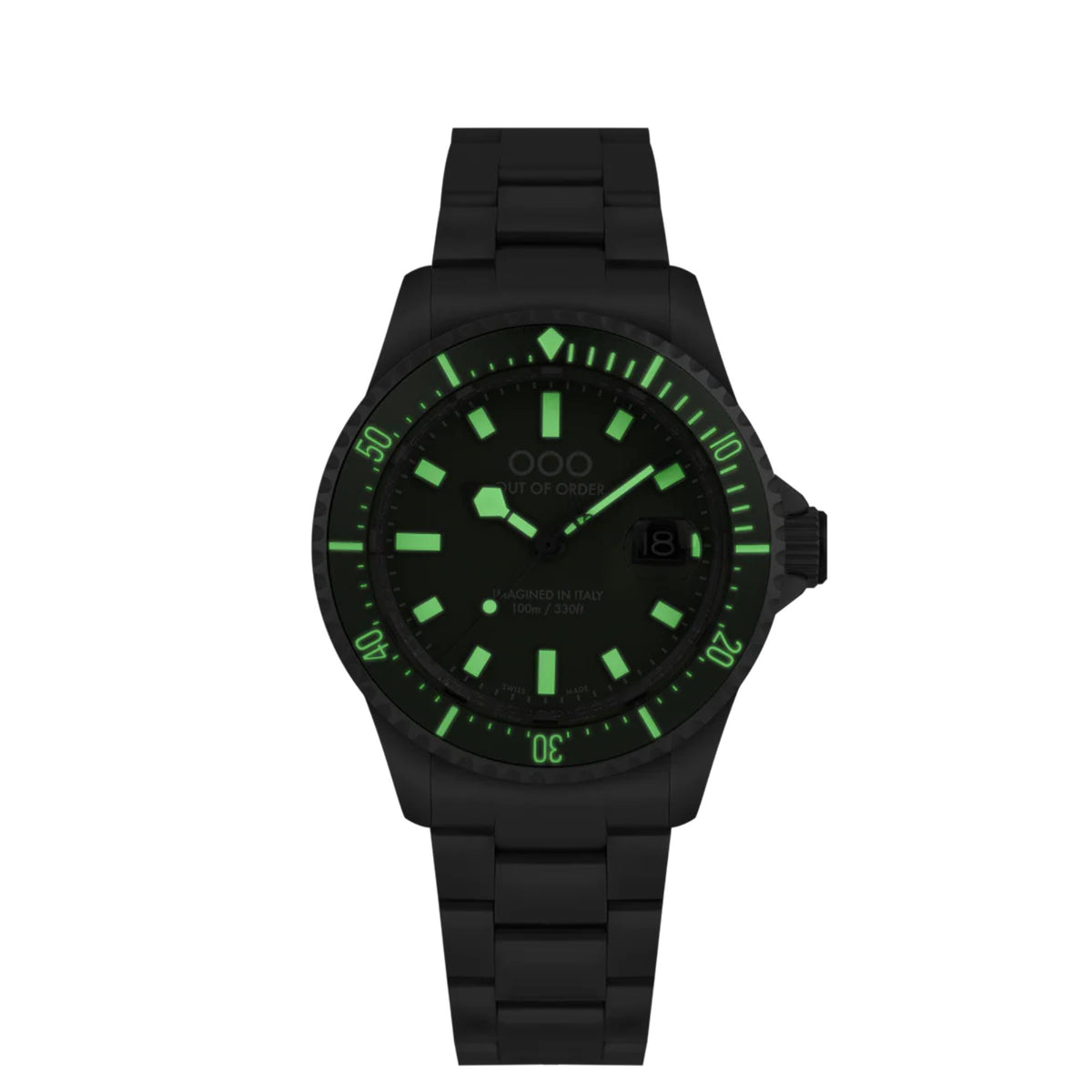 Men’s green dial quartz watch with black link strap and luminous-style hour markers