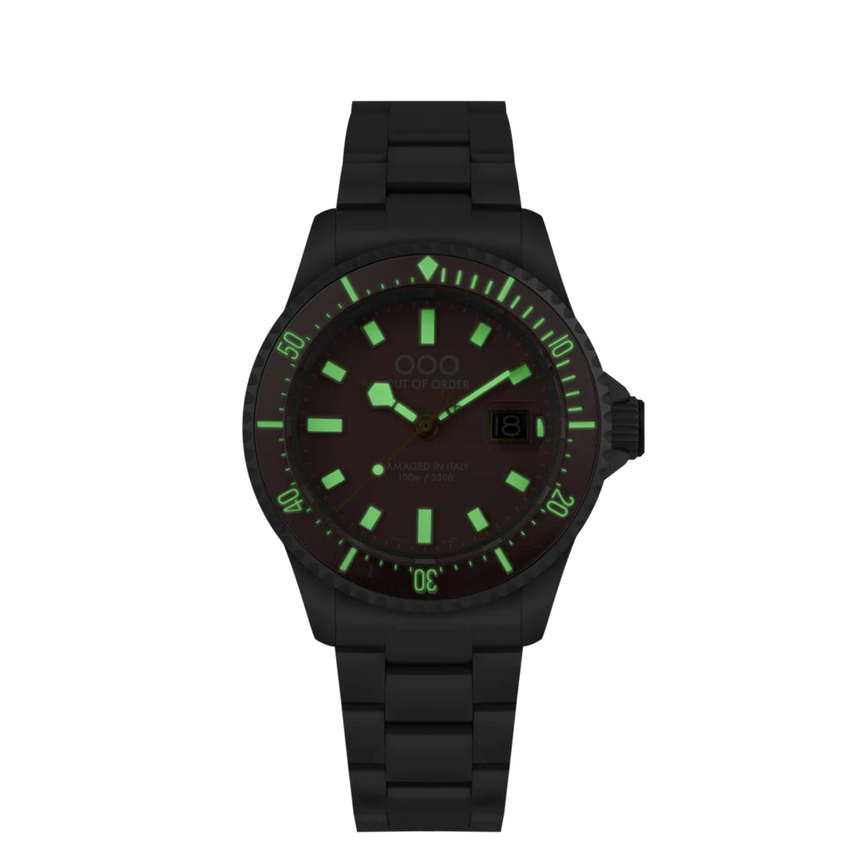 Men's black rubber strap watch with dark dial, green luminous markers, date window