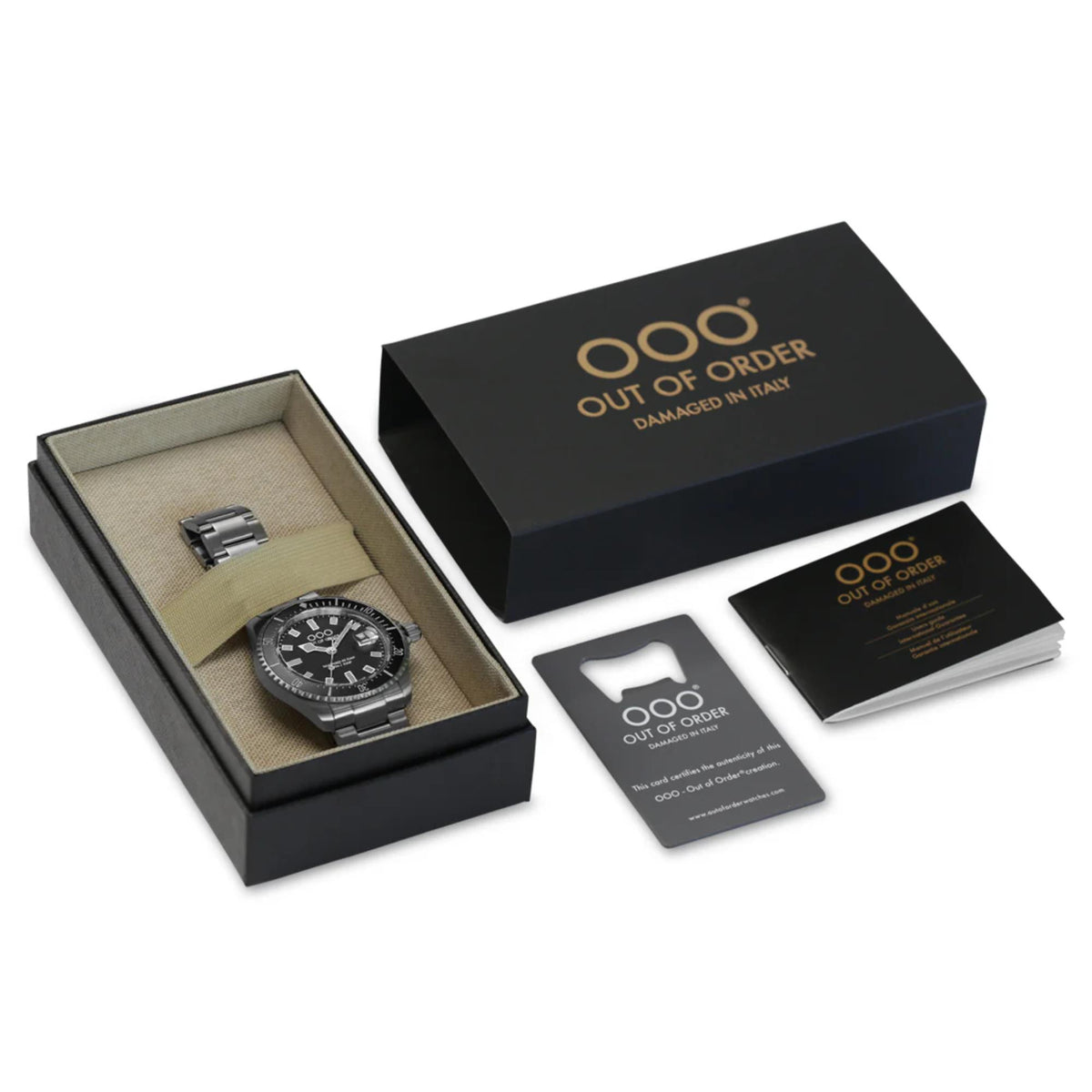 Out of Order watch set: stainless watch in box with instruction cards and branded sleeve