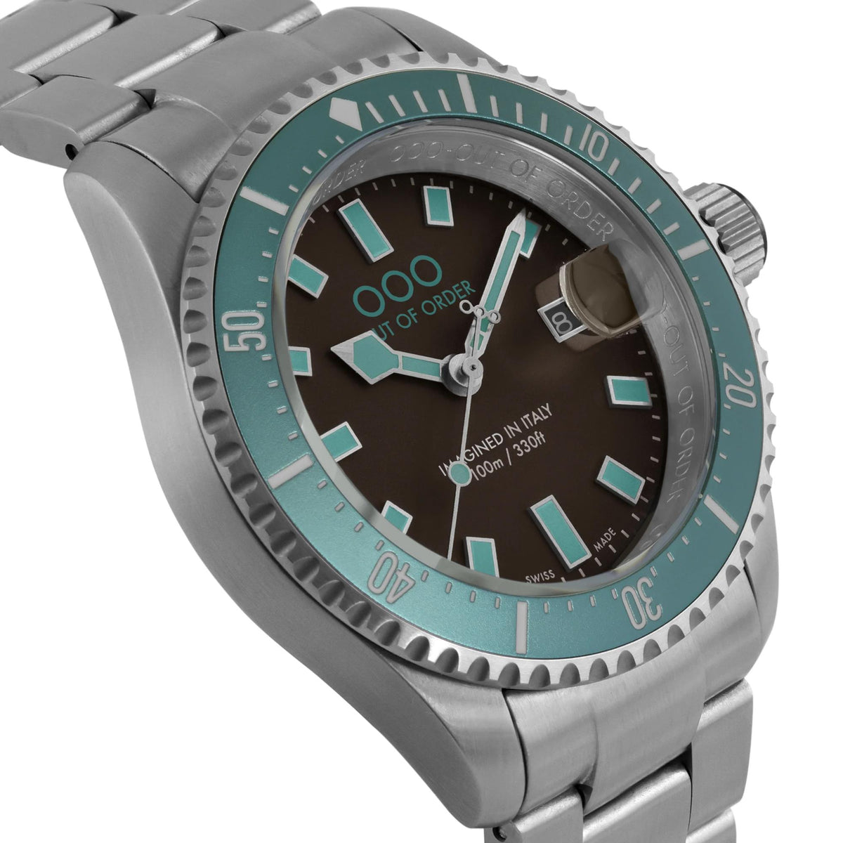 Men's steel wristwatch close-up, teal bezel, dark brown dial, luminous hour markers
