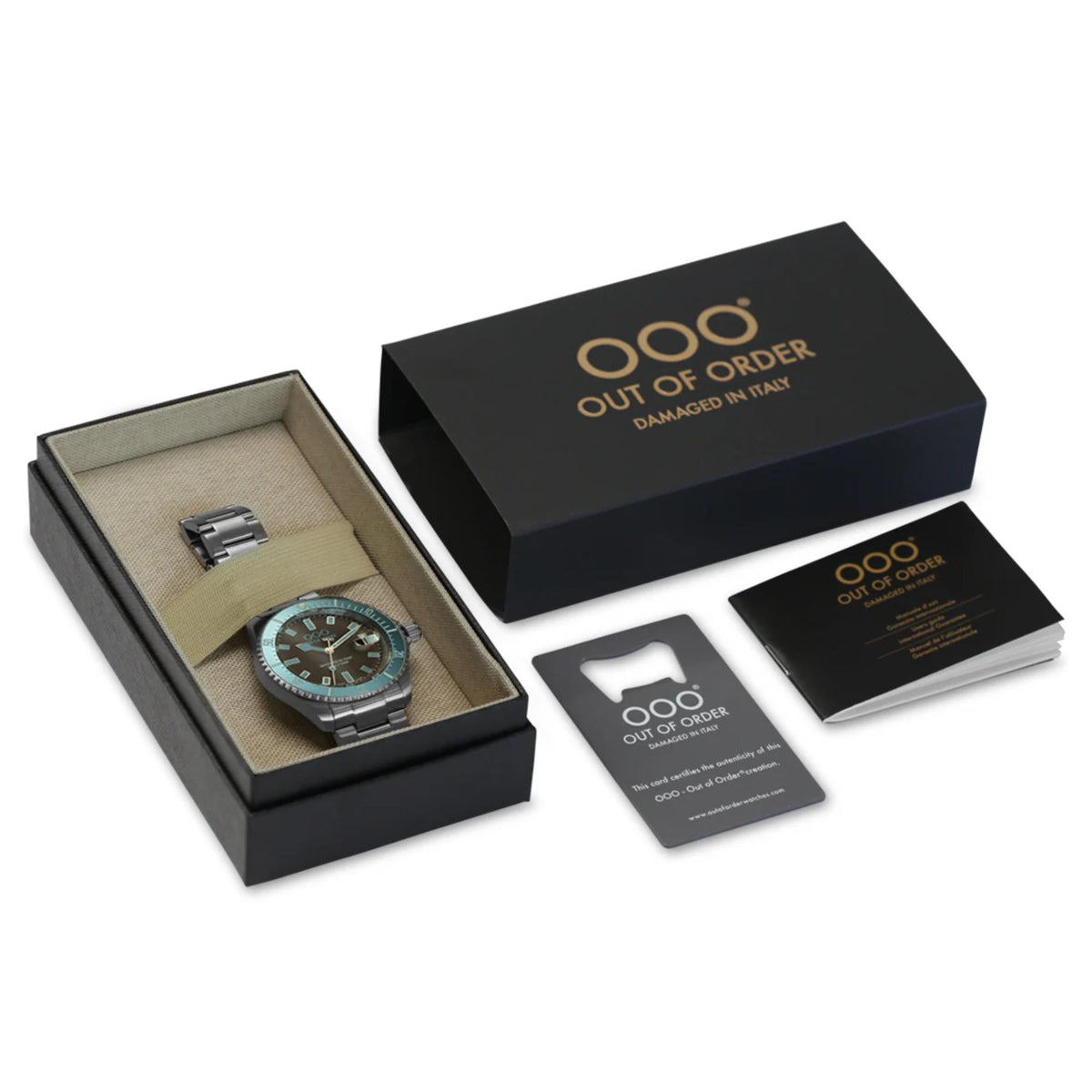 Men's steel wristwatch box set with teal-dial watch and included papers