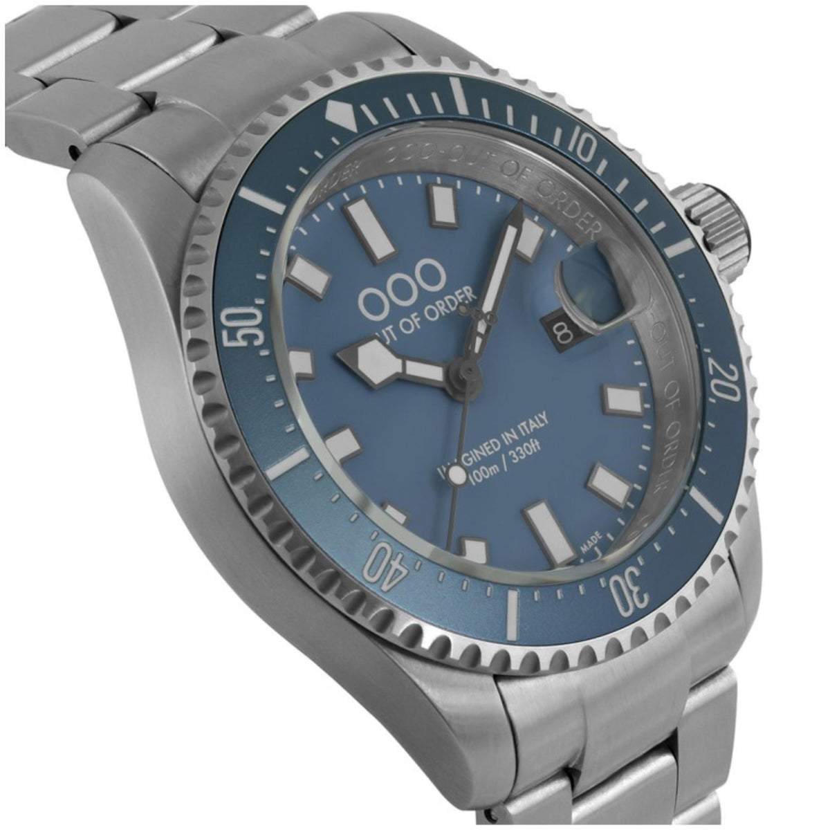 Men's stainless-steel diver watch with blue dial and ridged bezel, close-up
