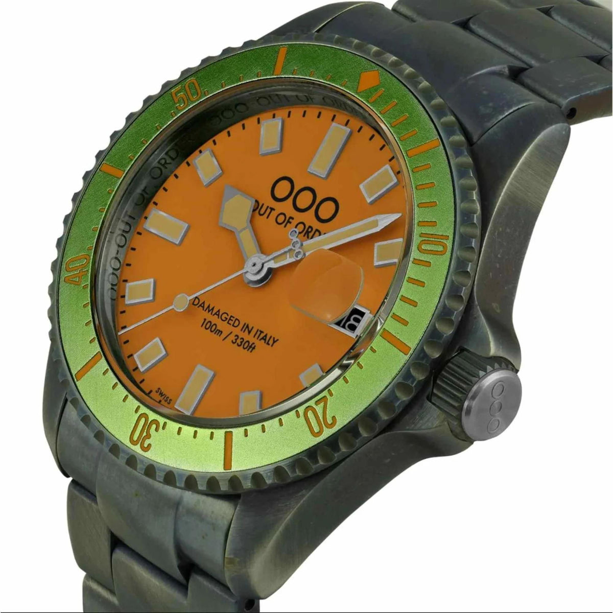 Men's wrist watch with orange dial, green bezel, large crown on dark case