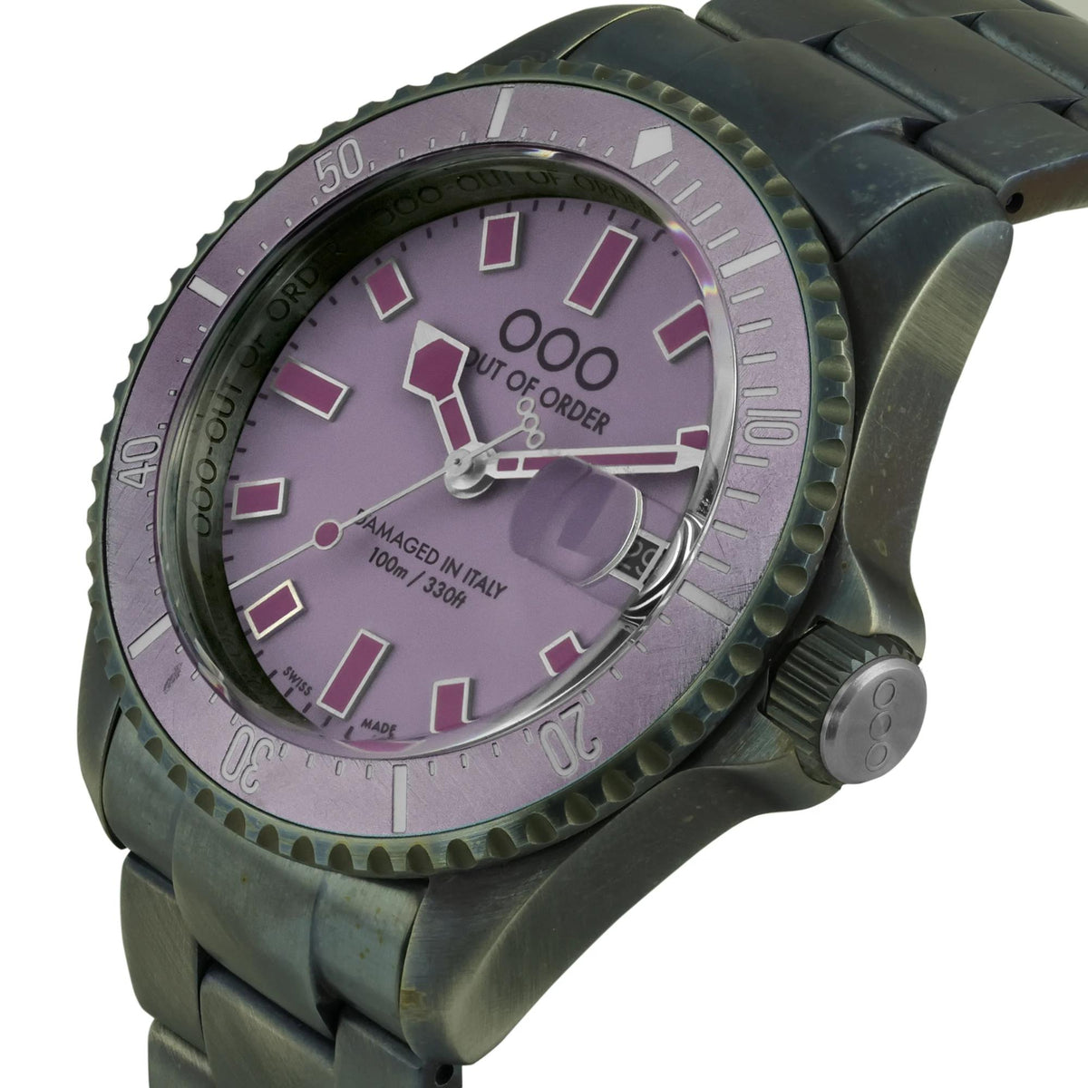 Men's distressed watch with purple dial, ridged bezel, and metal link band