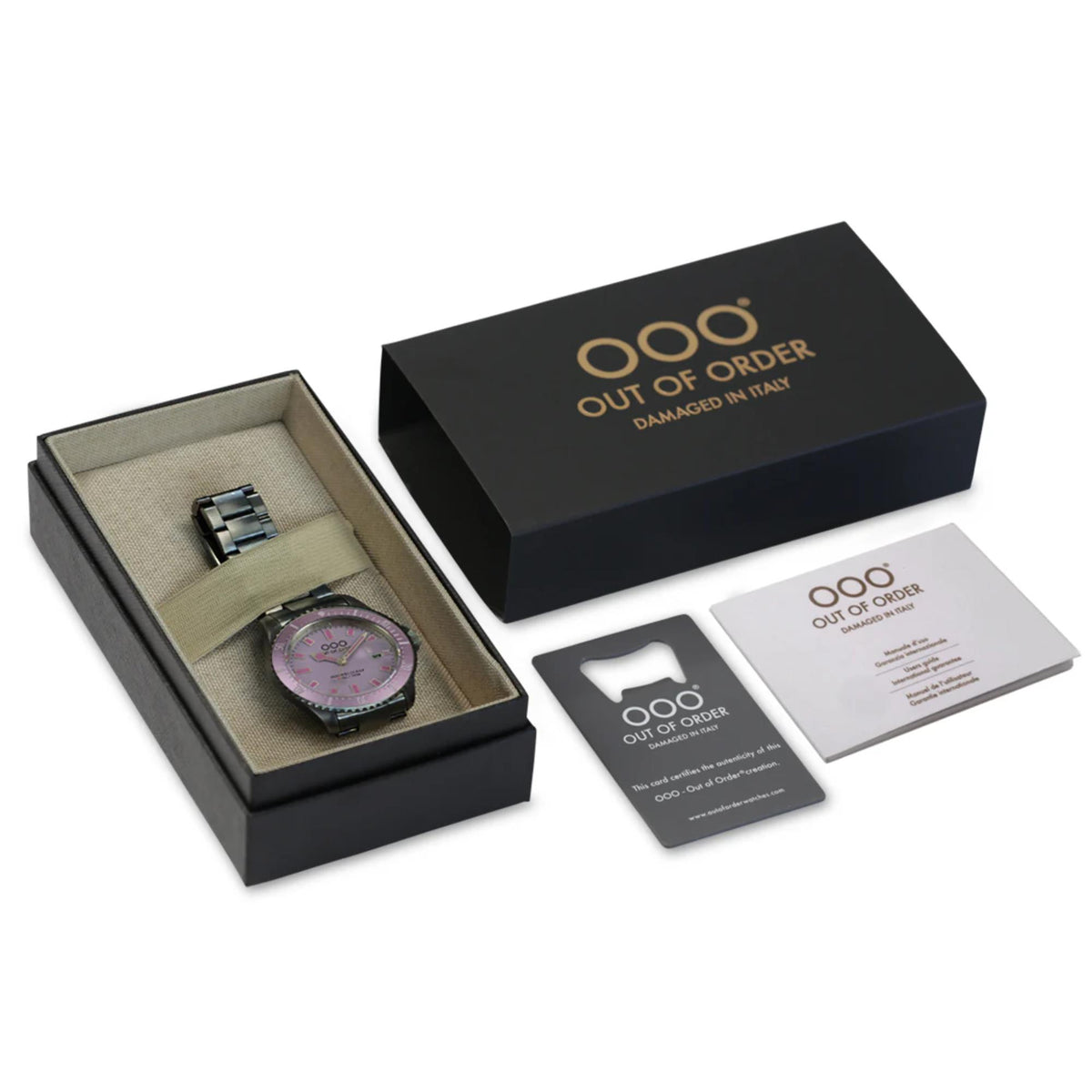 Men's watch gift set in box with steel link bracelet and instruction card