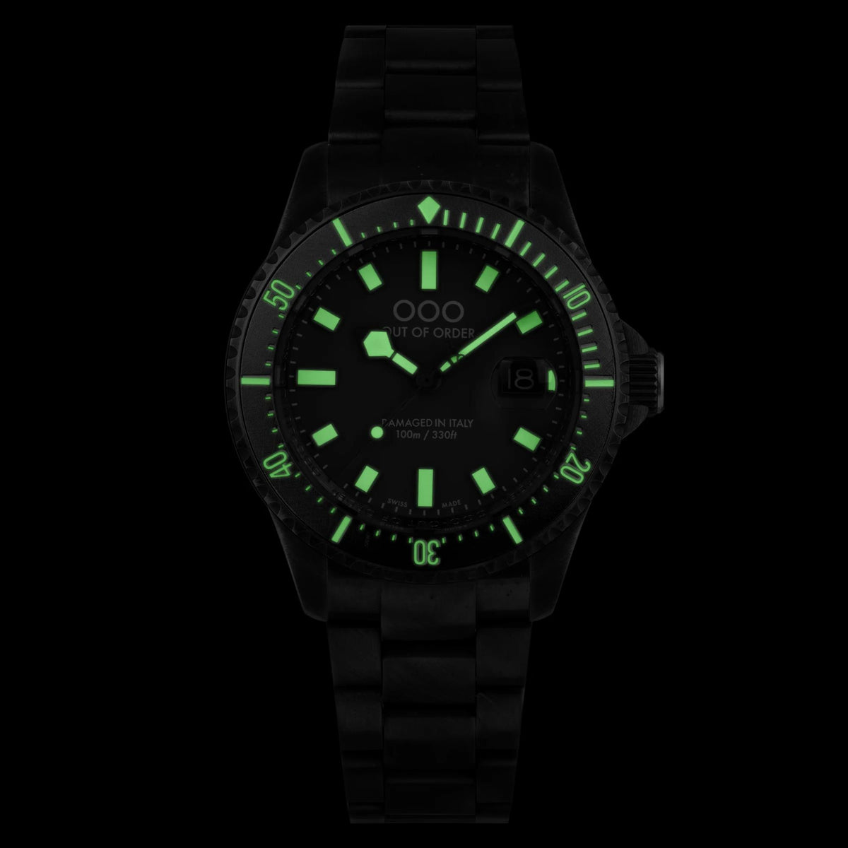 Men's watch with dark dial and neon green lumed markers, steel strap