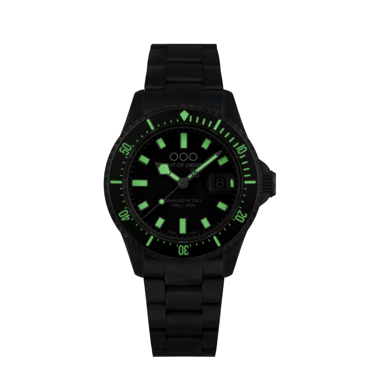 Men's distressed quartz watch with black dial and black link strap, green accents.