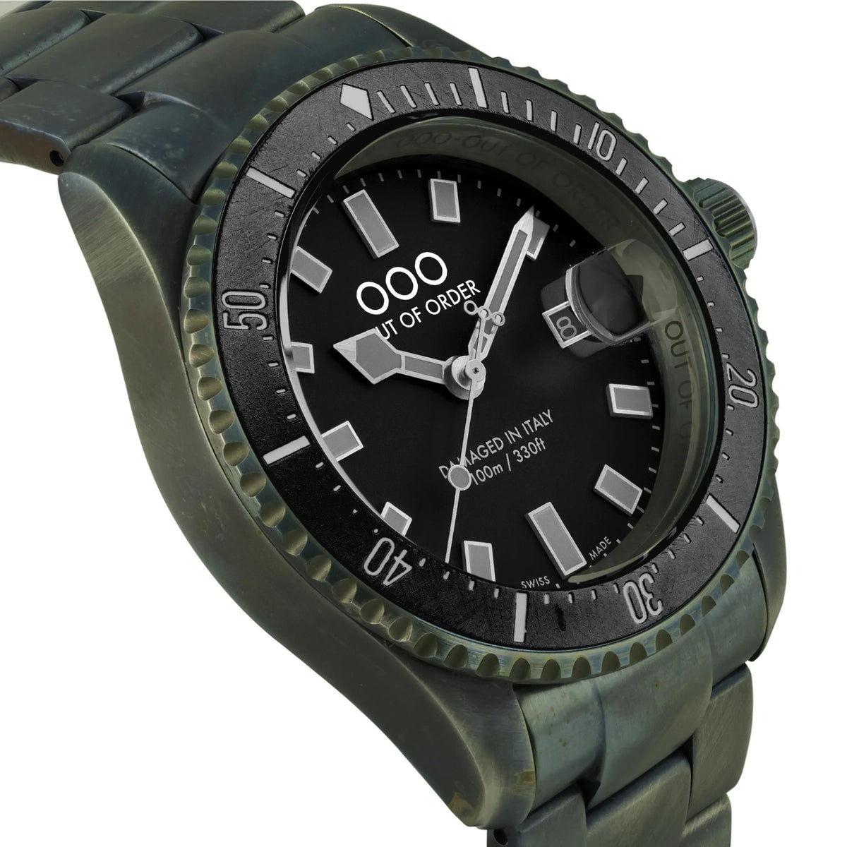Men's quartz watch with black dial, silver hands, dark green bezel, and link strap.