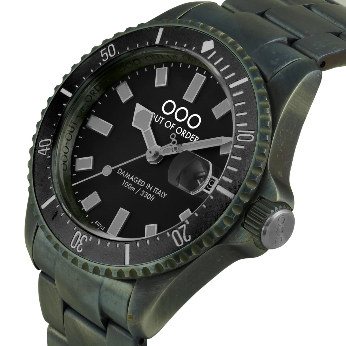 Men's quartz watch with black dial, green-tinted bezel, and olive link strap.