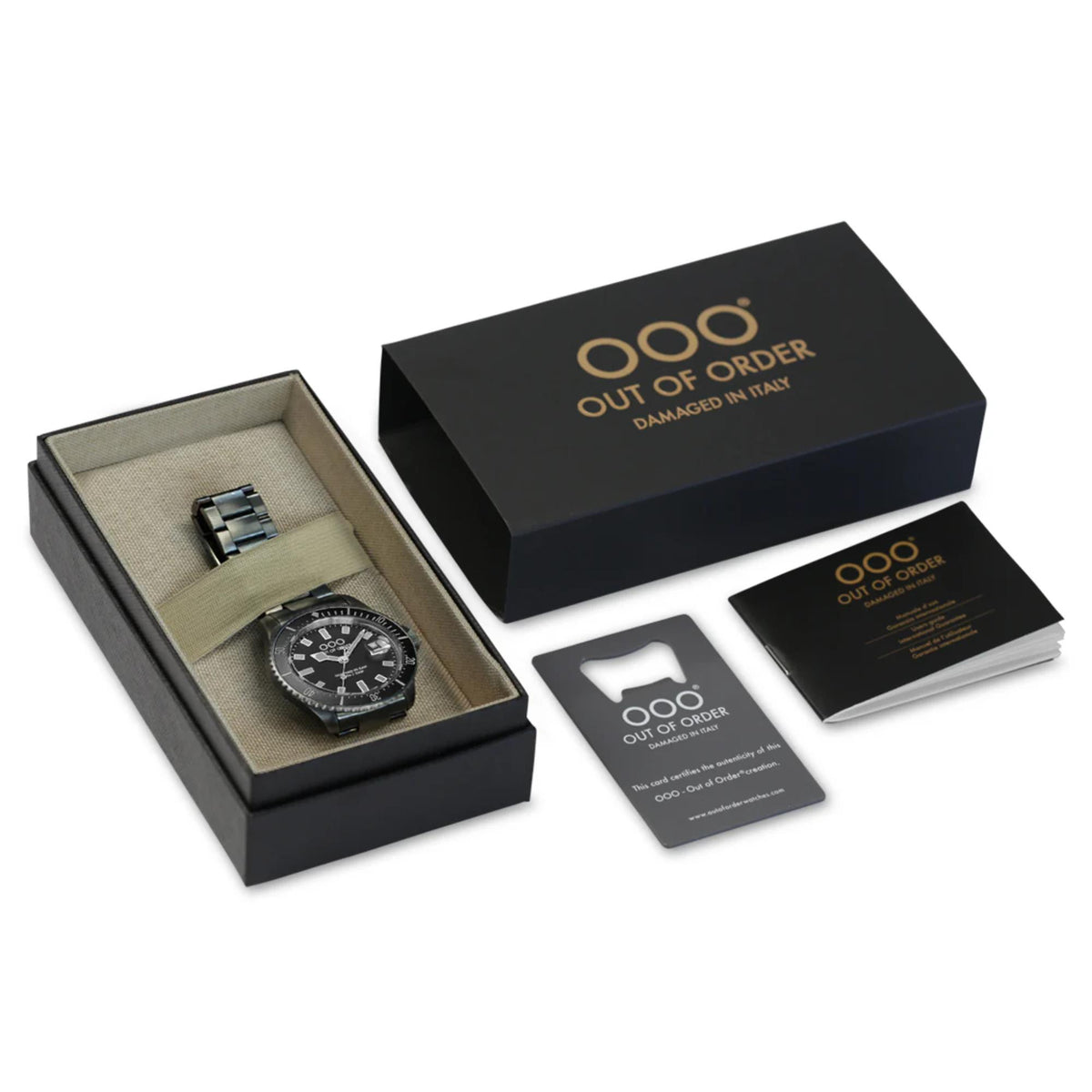 Men's watch in gift box with branded card set and folded strap accessory.