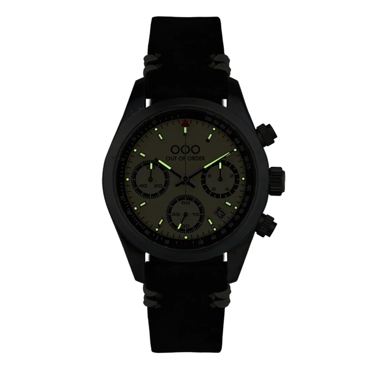 Sporty quartz chronograph watch with black strap and dark dial with neon green accents