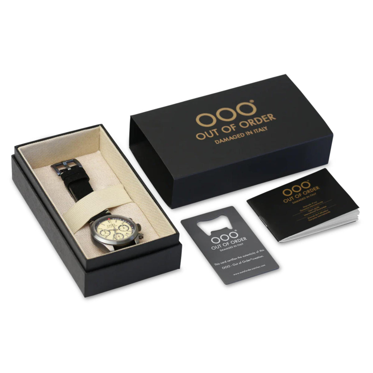 Watch in black gift box with instruction cards and black leather strap