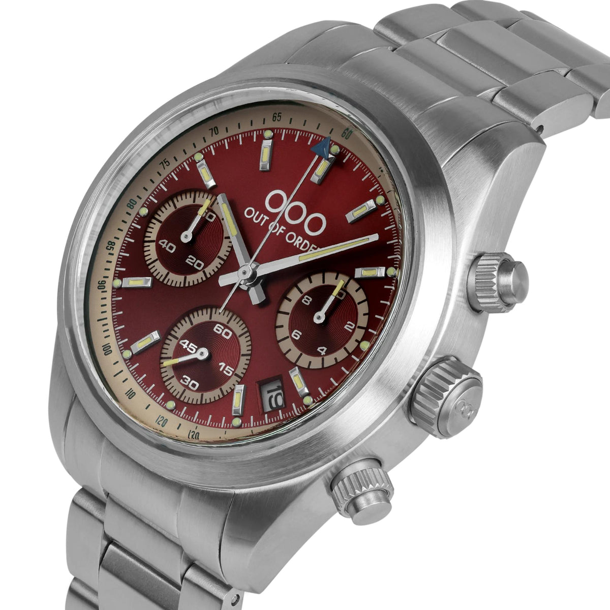 Red dial chronograph watch with steel case, subdials, and crown pushers