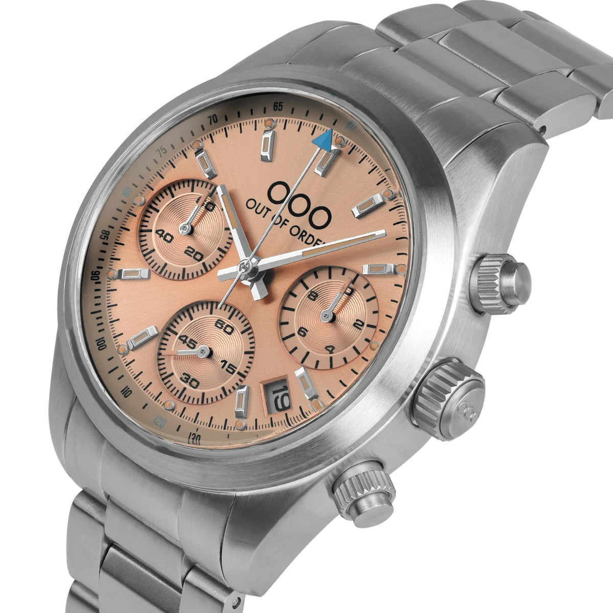 Steel sport chronograph wristwatch, peach dial with subdials and date window, pushers