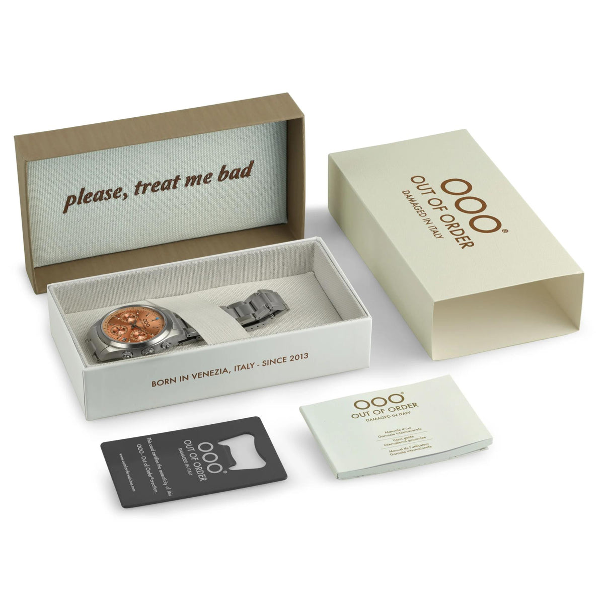 Watch gift set: chronograph in box with cards and brand packaging