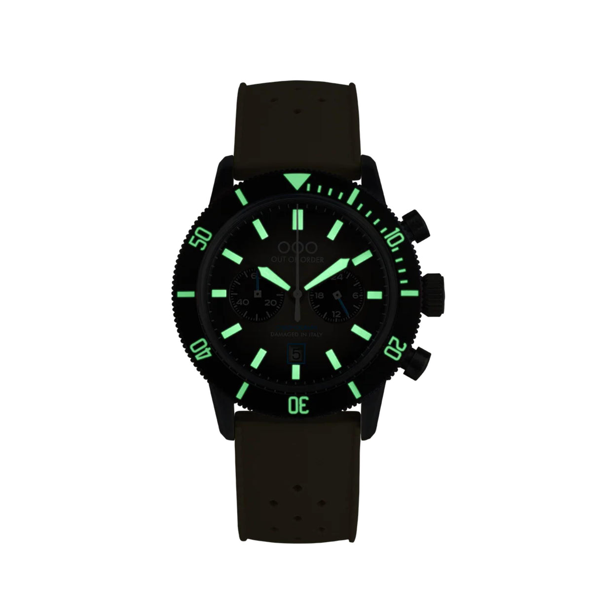 Men's quartz pilot watch with black case, green dial, and black leather strap