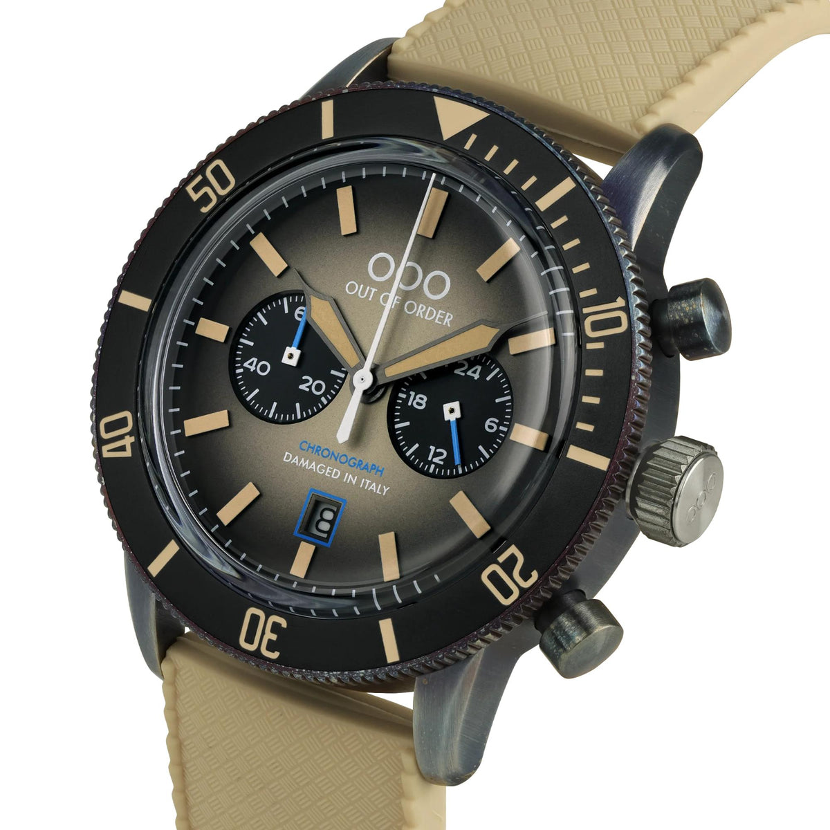 Men's quartz pilot watch with dark brown dial, tan leather strap, and chronograph subdials