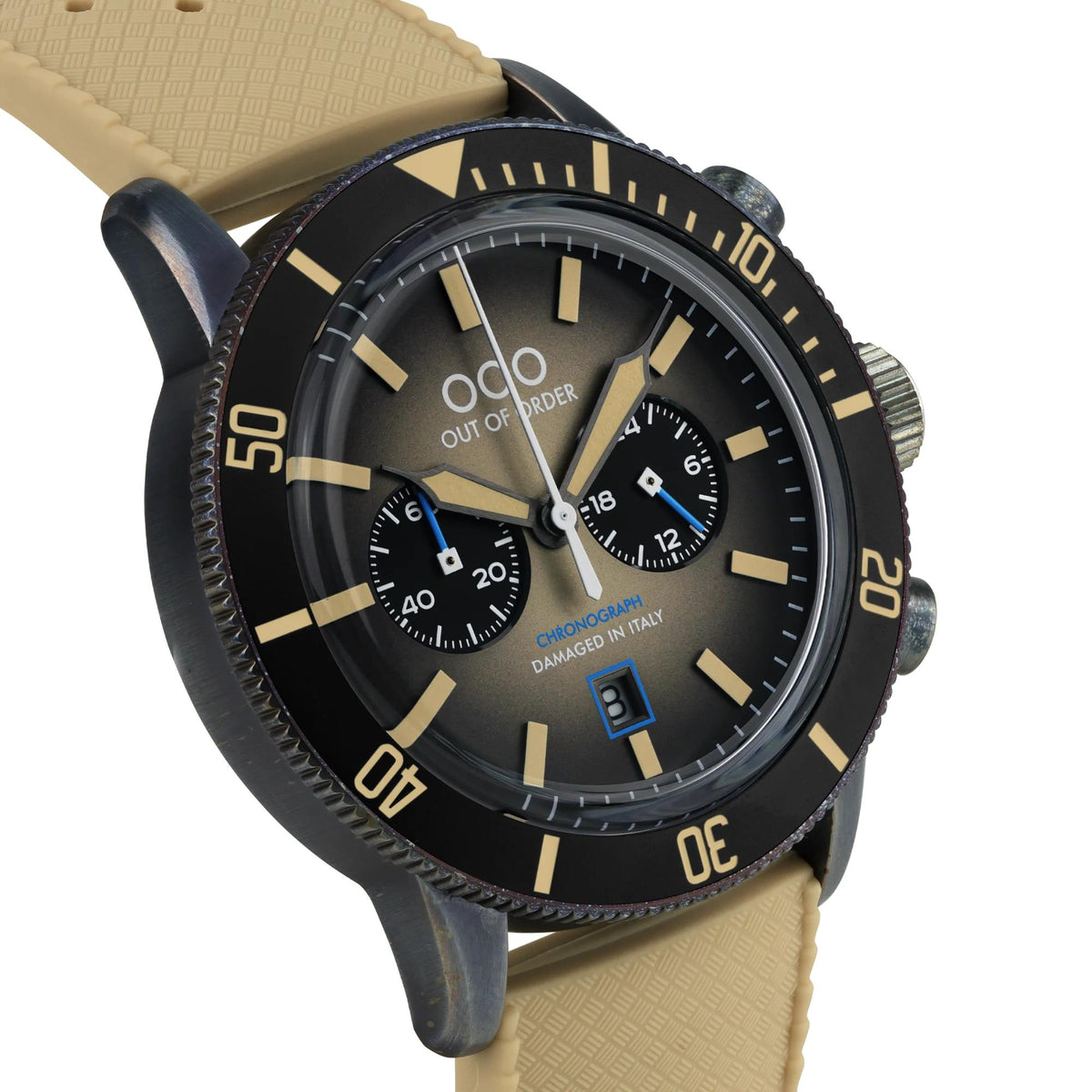 Men's quartz pilot watch close-up: dark brown dial, gold markers, tan leather strap