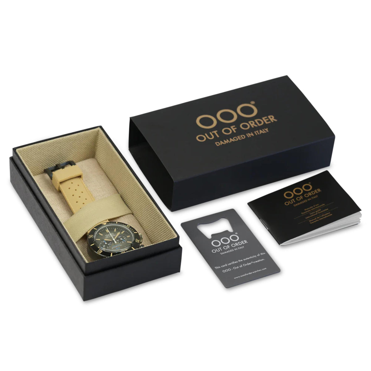 Men's quartz pilot watch gift set with box, papers, and tan leather strap watch
