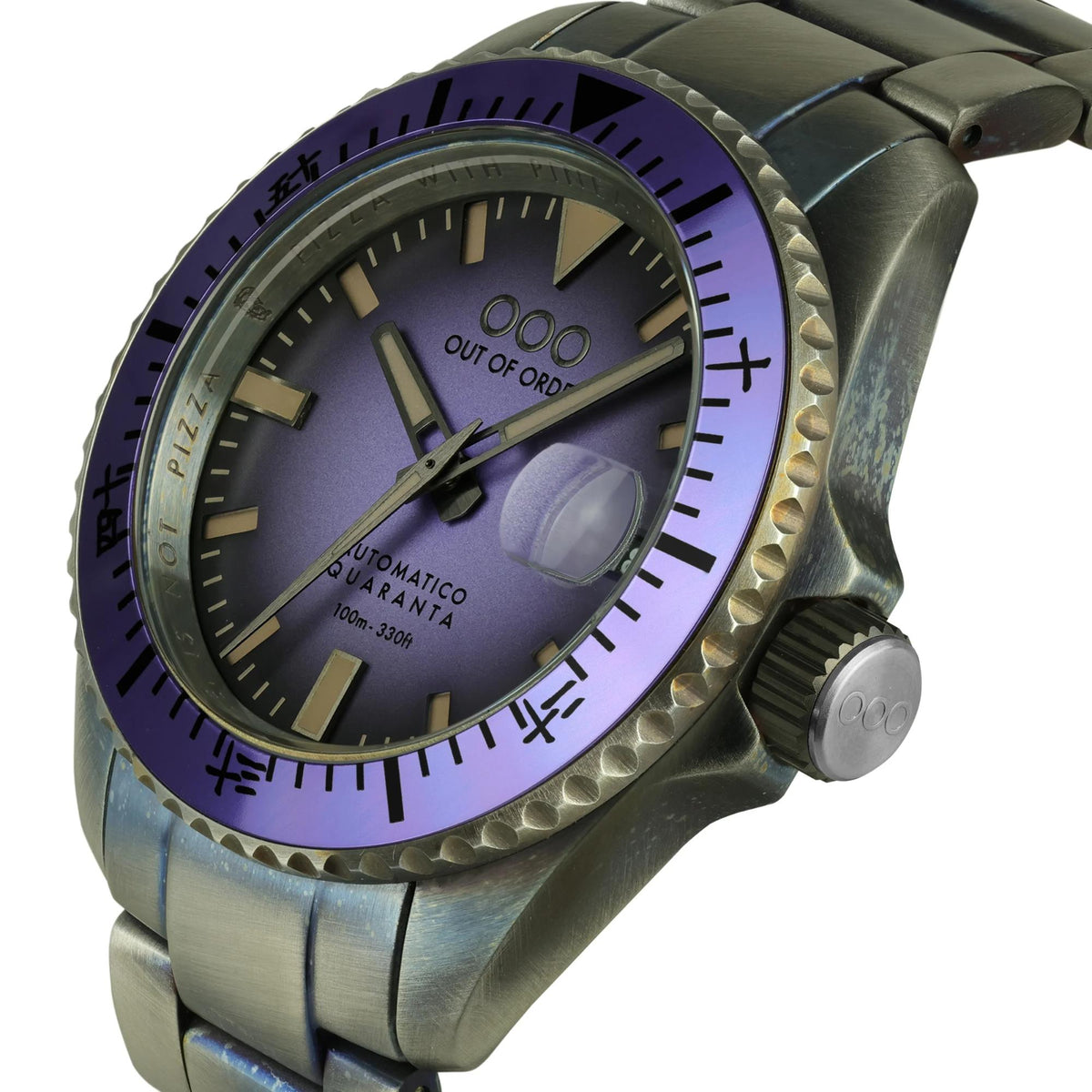 Men's automatic diver watch with indigo-purple dial, date window, and steel bracelet