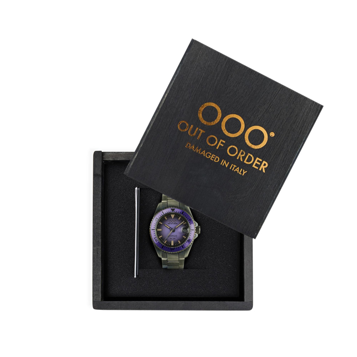 Automatic diver watch with purple dial displayed in a branded gift box