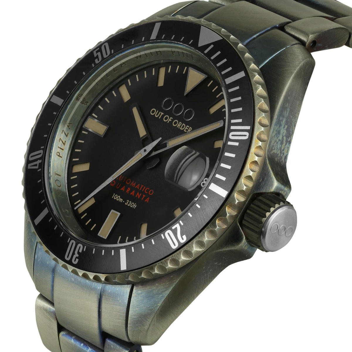 Men's black dial distressed bezel steel watch with date window at 18, angled