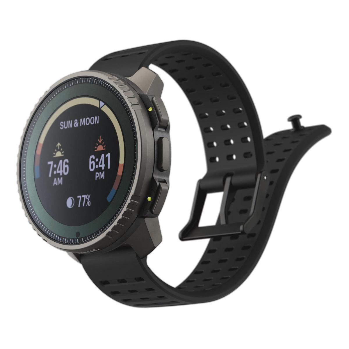 Suunto Vertical Titanium Solar Black SS050858000 three-quarter view showing sun and moon interface with black silicone strap