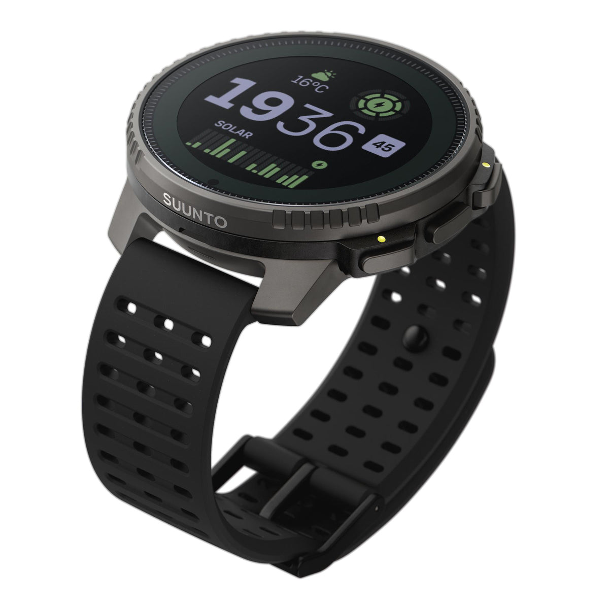 Suunto Vertical Titanium Solar Black SS050858000 angled perspective showing solar watch face and perforated silicone strap
