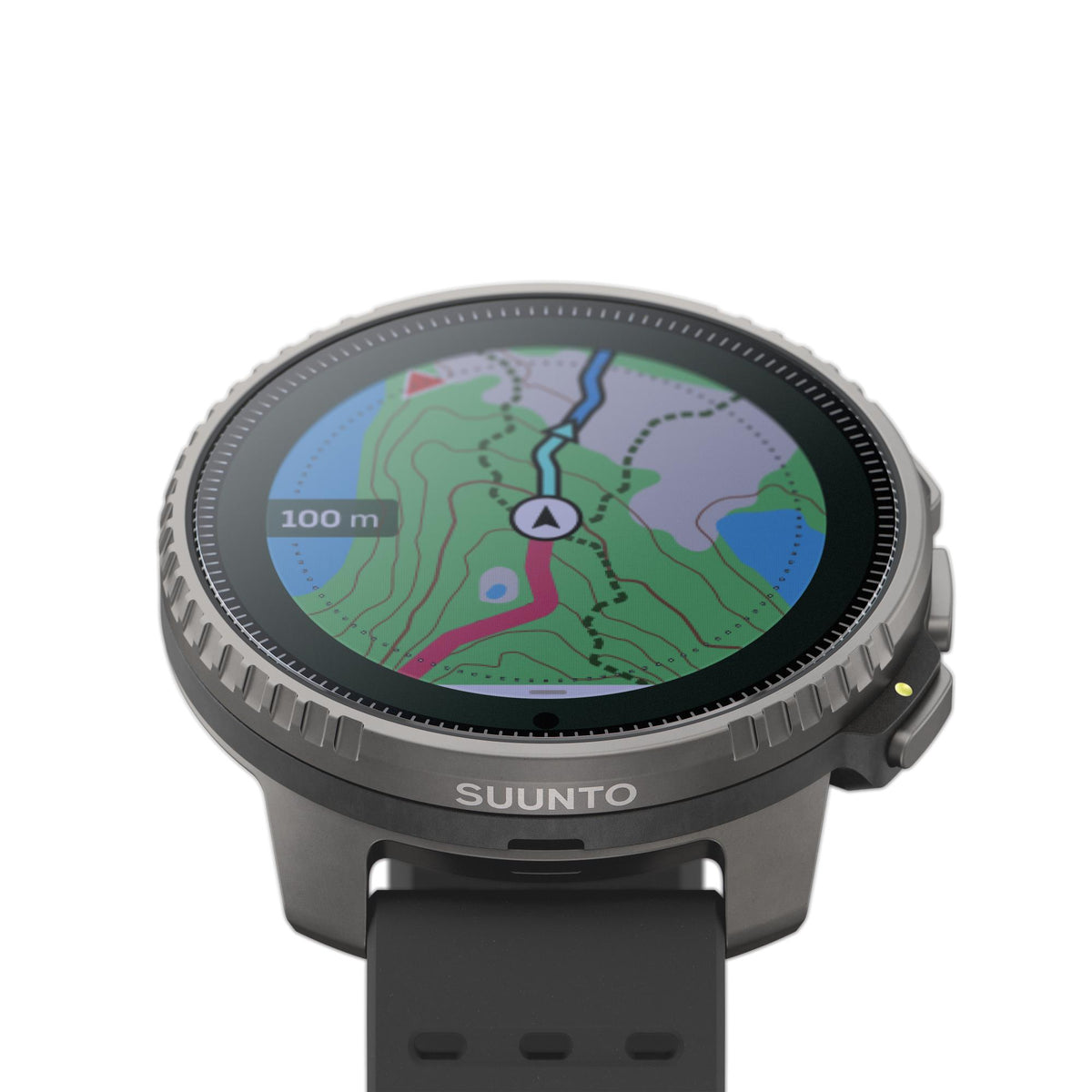 Suunto Vertical Titanium Solar Black SS050858000 high-angle macro view highlighting top bezel and map interface