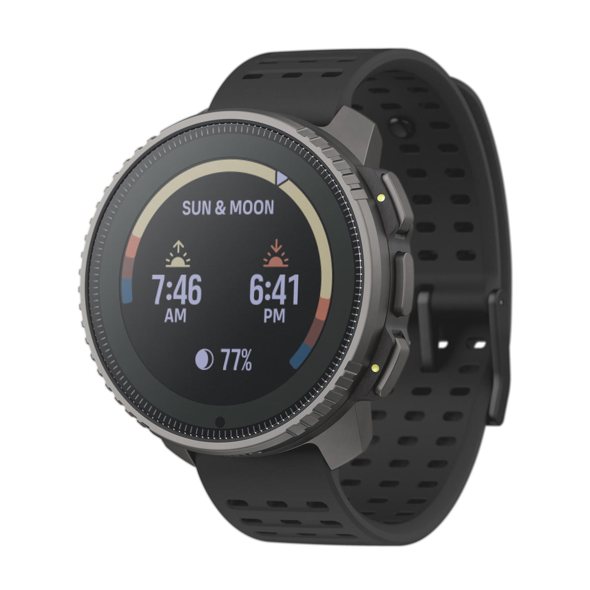 Suunto Vertical Titanium Solar Black SS050858000 three-quarter view displaying sun and moon tracking interface