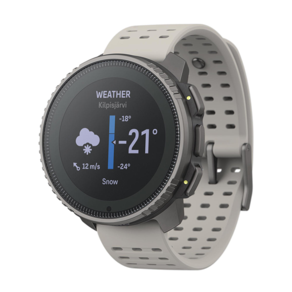 Angled studio view of the Suunto Vertical Titanium Solar Sand watch displaying a cold weather and snow information interface