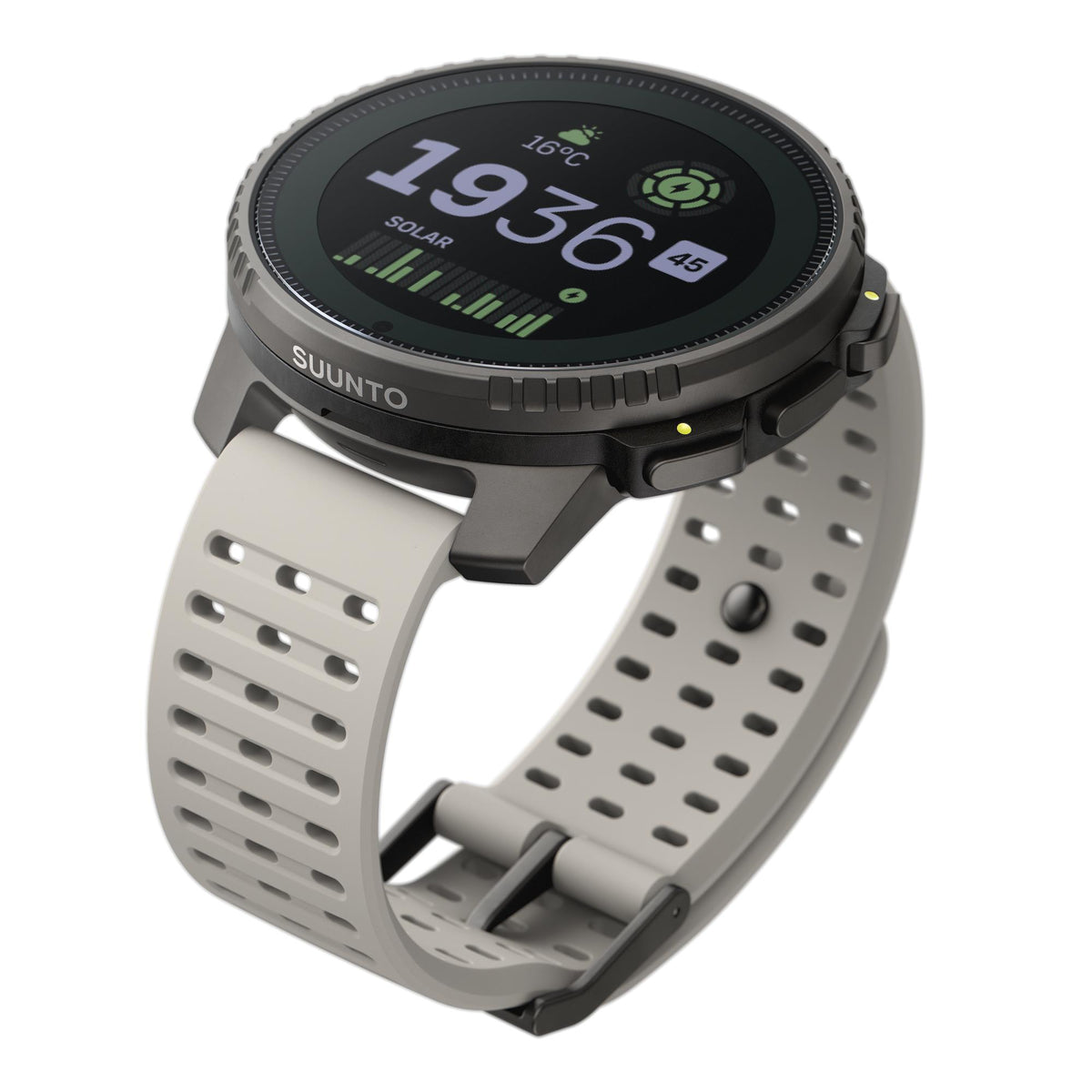 Suunto Vertical Titanium Solar Sand watch highlighting its perforated strap design and dual pushers