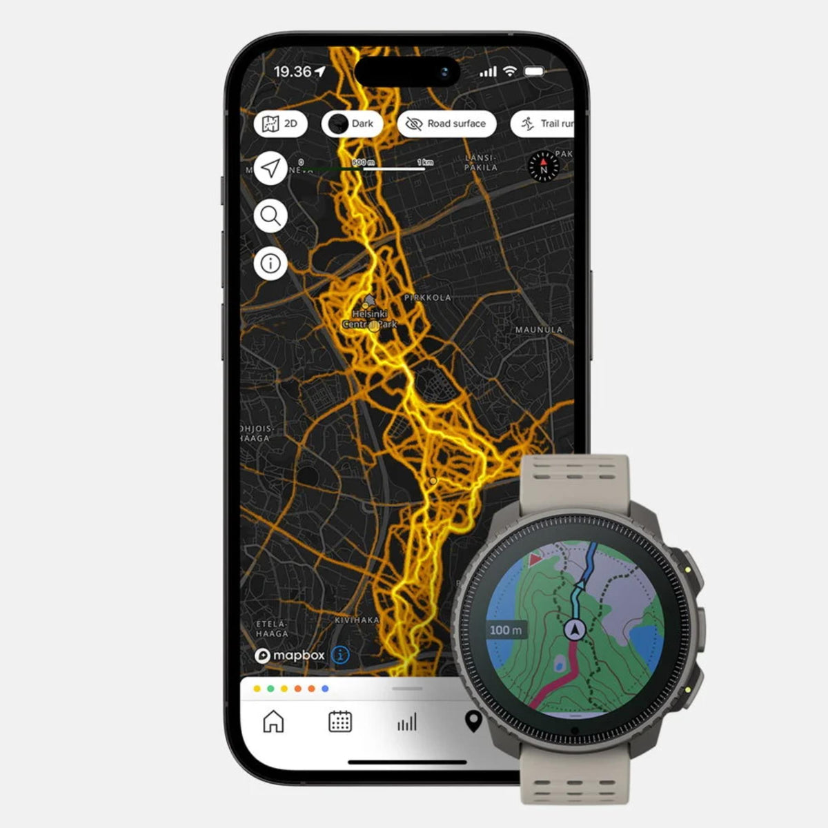 Suunto Vertical Titanium Solar Sand watch alongside a smartphone application showing a detailed map and route tracker