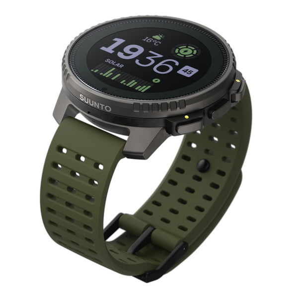 Suunto Vertical Titanium Solar Forest SS050859000 green silicone strap buckle and case detail