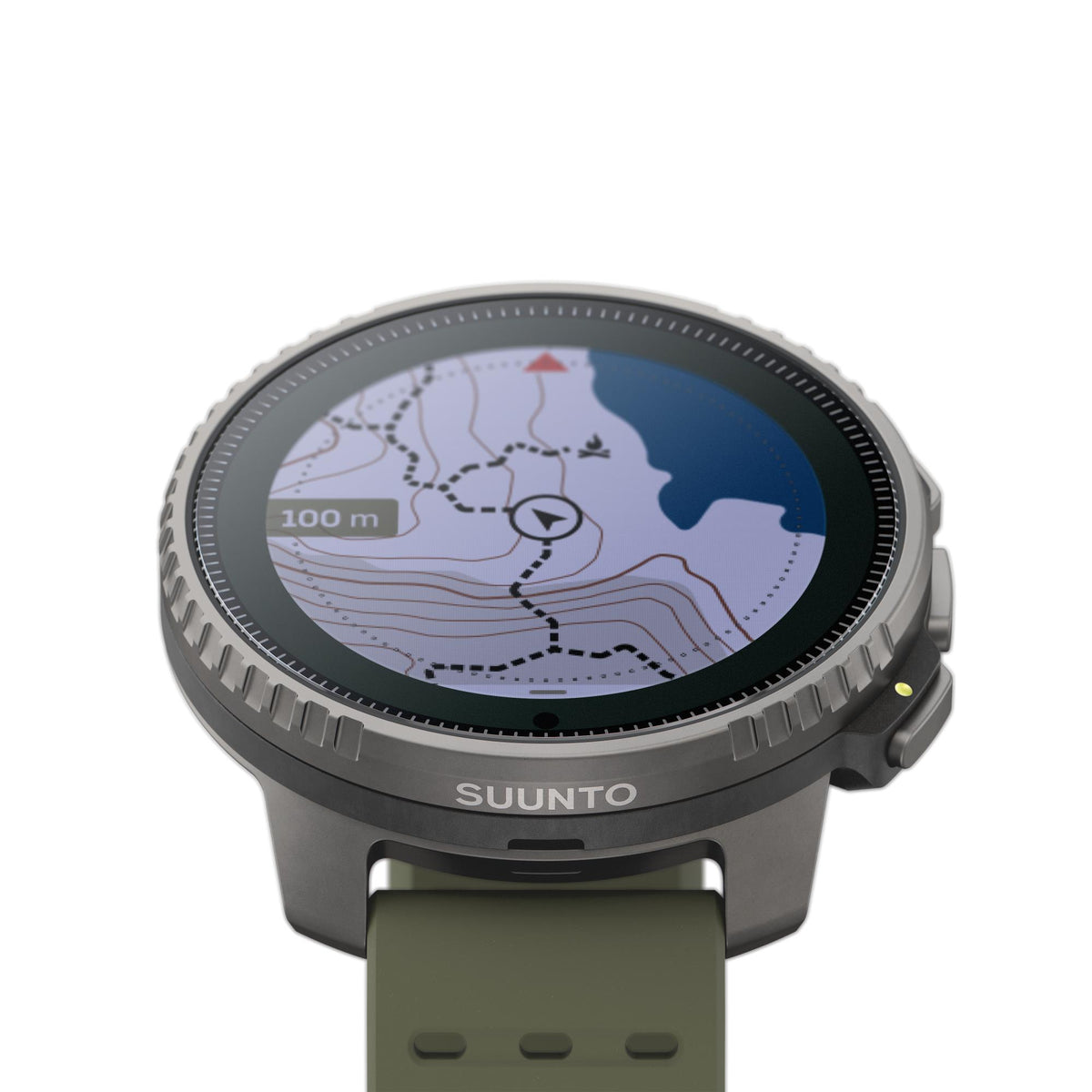 Suunto Vertical Titanium Solar Forest SS050859000 top view close up showing topographic map screen