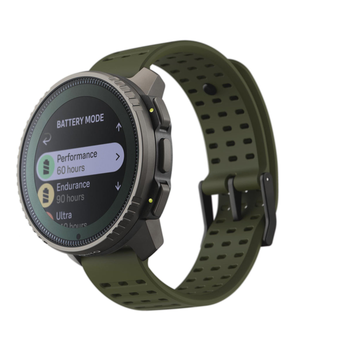 Suunto Vertical Titanium Solar Forest SS050859000 three quarter view showing battery mode menu options
